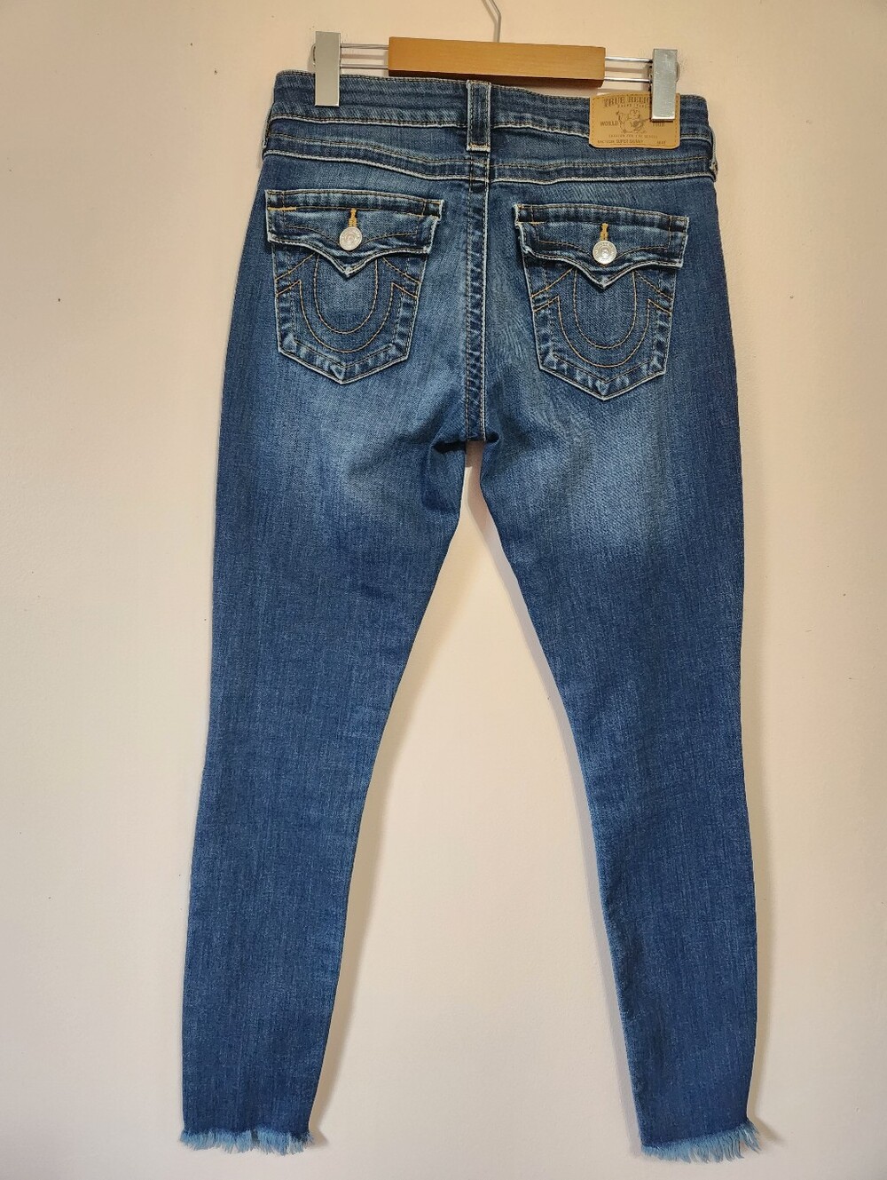 True Religion Super Skinny Flap Frayed Ankle Jeans Medium Wash 27 EUC - Picture 3 of 12